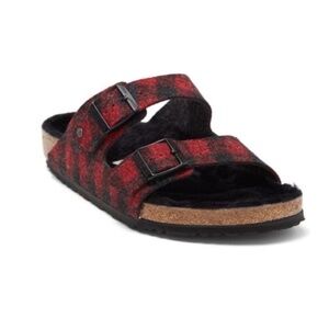 Birkenstock Arizona Genuine Lamb Fur Lined Red Plaid Slide Sandals.NIB